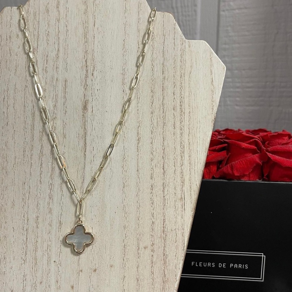 Gold Paperclip Necklace with White Clover Pendant